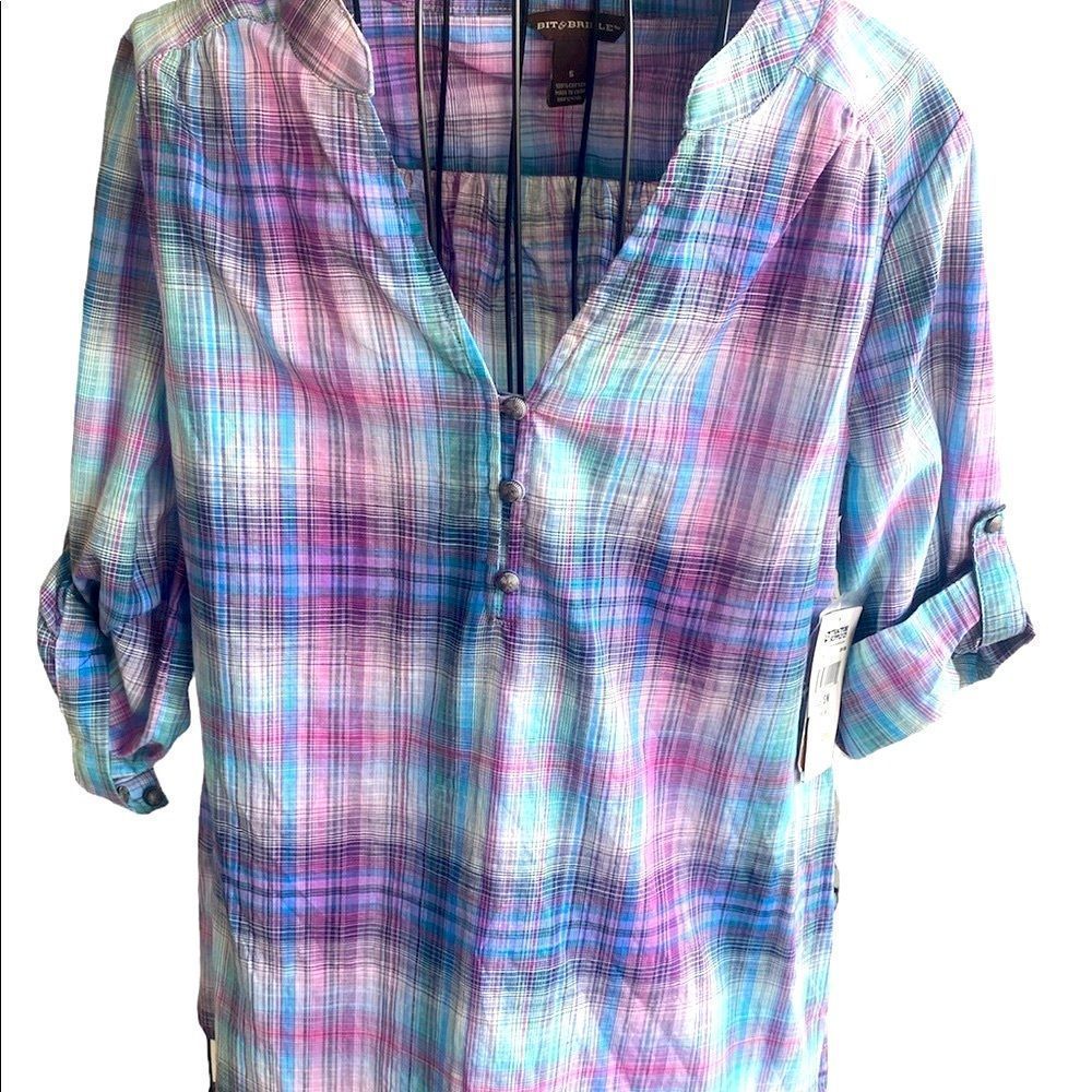 BIT & BRIDLE Womens Henley Purple Blue Plaid 3/4 Sleeve Notch Neck Size Small